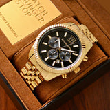 Michael Kors Lexington Chronograph Black Dial Gold Steel Strap Watch for Men - MK8286 Authentic Buy Shop Now