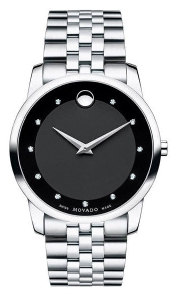 Movado Museum Diamonds Black Dial Silver Steel Strap Watch For Men - 606878 Authentic Buy Shop Now