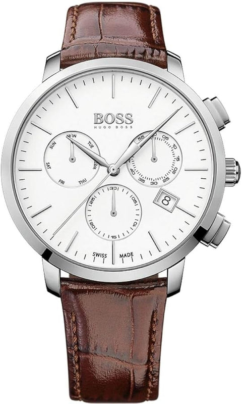 Hugo Boss Slim Chronograph White Dial Brown Leather Strap Watch For Men - 1513263 Authentic Buy Shop Now