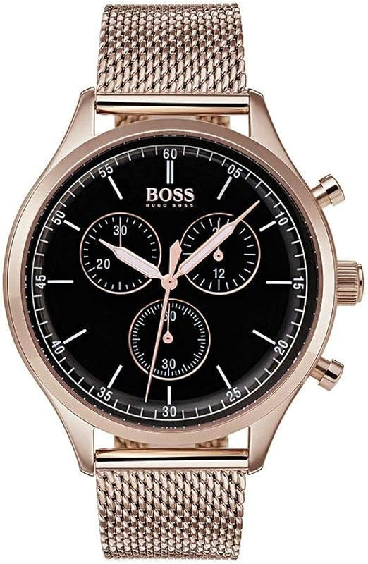 Hugo Boss Companion Chronograph Black Dial Rose Gold Steel Strap Watch For Men - 1513548 Authentic Buy Shop Now