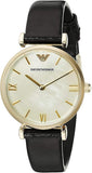 Emporio Armani Gianni T-Bar Quartz Mother of Pearl Dial Black Leather Strap Watch For Women - AR1910 Authentic Buy Shop Now