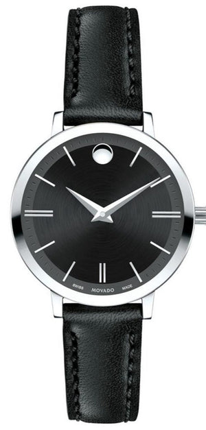 Movado Ultra Slim Black Dial Black Leather Strap Watch For Women - 0607094 Authentic Buy Shop Now