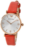 Emporio Armani Gianni T Bar Silver Dial Red Leather Strap Watch For Women - AR1876 Authentic Buy Shop Now