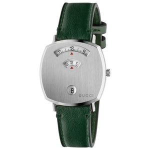 Gucci Grip Silver Dial Green Leather Strap Unisex Watch - YA157412 Authentic Buy Shop Now