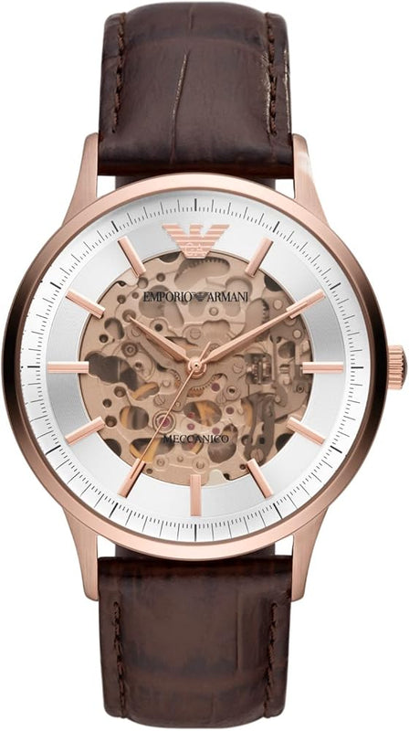 Emporio Armani Meccanico Automatic Silver Dial Brown Leather Strap Watch For Men - AR60039 Authentic Buy Shop Now