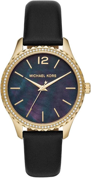 Michael Kors Layton Three Hand Mother of Pearl Black Dial Black Leather Strap Watch For Women - MK2911 Authentic Buy Shop Now