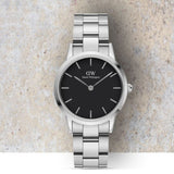 Daniel Wellington Iconic Link Black Dial Silver Steel Strap Watch For Women - DW00100206 Authentic Buy Shop Now