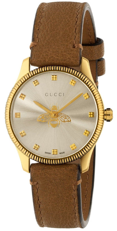 Gucci G Timeless Quartz Silver Dial Brown Leather Strap Watch For Women - YA1265022 Authentic Buy Shop Now
