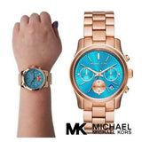 Michael Kors Runway Chronograph Turquoise Dial Rose Gold Steel Strap Watch For Women - MK6164 Authentic Buy Shop Now