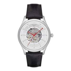 Emporio Armani Meccanico Silver Skeleton Dial Black Leather Watch For Men - AR1997 Authentic Buy Shop Now