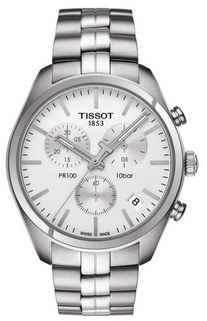 Tissot T Classic PR 100 Chronograph Silver Dial Silver Steel Strap Watch For Men - T101.417.11.031.00 Authentic Buy Shop Now