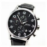 Hugo Boss Aeroliner Chronograph Black Dial Black Leather Strap Watch For Men - 1512448 Authentic Buy Shop Now