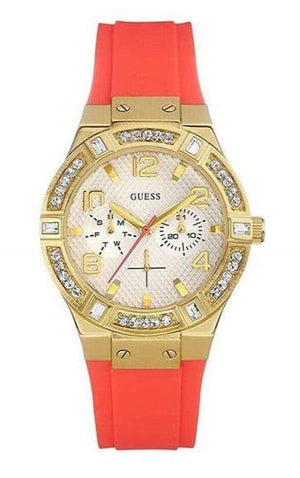 Guess Jet Setter Golden Dial Orange Rubber Watch For Women - W0564L2 Authentic Buy Shop Now