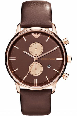 Emporio Armani Classic Chronograph Brown Dial Brown Leather Strap Watch For Men - AR0387 Authentic Buy Shop Now