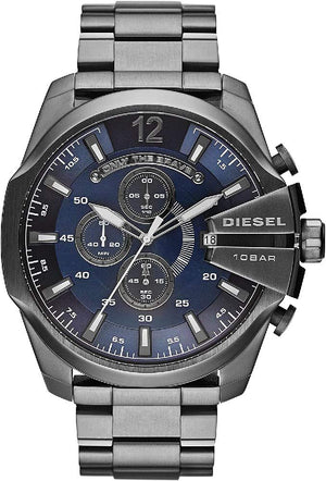 Diesel Mega Chief Chronograph Blue Dial Black Steel Strap Watch For Men - DZ4329 Authentic Buy Shop Now