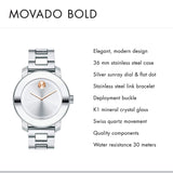 Movado Bold Silver Dial Silver Steel Strap Watch For Women - 3600084 Authentic Buy Shop Now