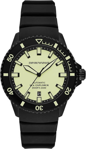 Emporio Armani Sea Explorer Automatic Yellow Dial Black Silicone Strap Watch For Men - AR60085 Authentic Buy Shop Now