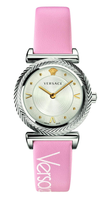 Versace V-Motif Silver Dial Pink Leather Strap Watch for Women - VERE00118 Authentic Buy Shop Now
