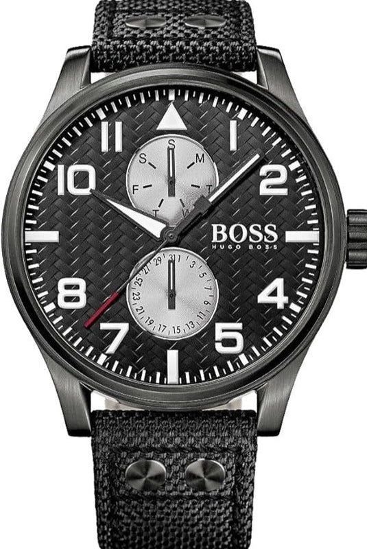 Hugo Boss Aeroliner Chronograph Black Dial Black Leather Strap Watch For Men - 1513086 Authentic Buy Shop Now