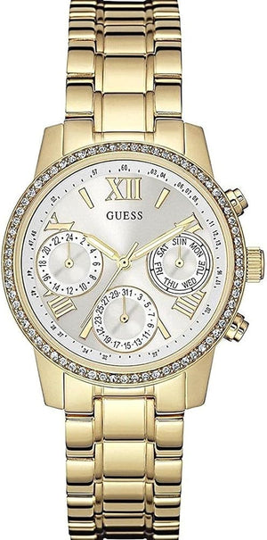 Guess Mini Sunrise Diamonds Silver Dial Gold Steel Strap Watch for Women - W0623L3 Authentic Buy Shop Now