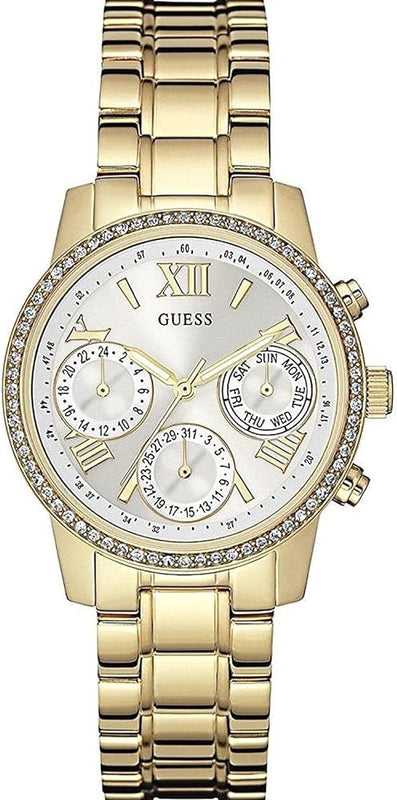 Guess Mini Sunrise Diamonds Silver Dial Gold Steel Strap Watch for Women - W0623L3 Authentic Buy Shop Now