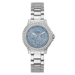 Guess Crown Jewel Diamonds Blue Dial Silver Steel Strap Watch for Women - GW0410L1 Authentic Buy Shop Now