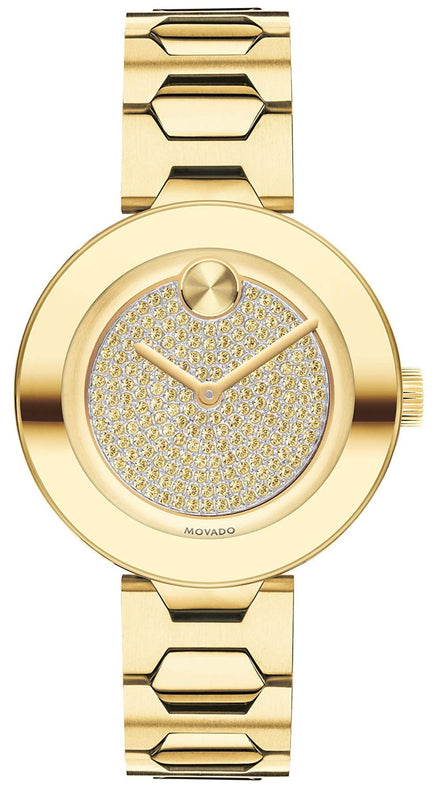 Movado Bold Crystal Gold Dial Gold Steel Strap Watch For Women - 3600492 Authentic Buy Shop Now