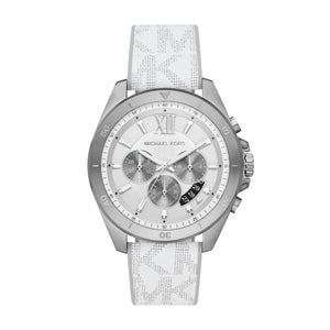 Michael Kors Brecken Chronograph Silver Dial White Leather Strap Watch For Men - MK8949 Authentic Buy Shop Now