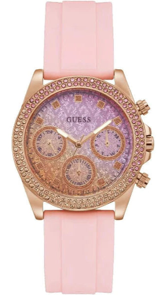 Guess Sparkling Chronograph Crystals Pink Dial Pink Silicone Strap Watch For Women - GW0032L4 Authentic Buy Shop Now