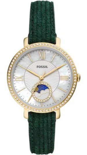 Fossil Jacqueline Multifunction Moonphase Mother of Pearl White Dial Green Leather Strap Watch for Women - ES5244 Authentic Buy Shop Now