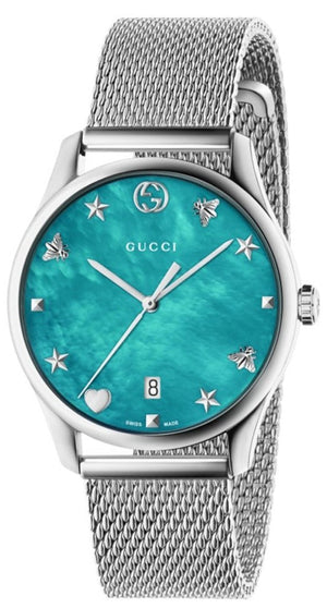 Gucci G-Timeless Turquiose Mother of Pearl Dial Silver Mesh Bracelet Watch For Women - YA1264039 Authentic Buy Shop Now