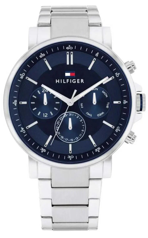 Tommy Hilfiger Tyson Chronograph Blue Dial Silver Steel Strap Watch For Men - 1710588 Authentic Buy Shop Now