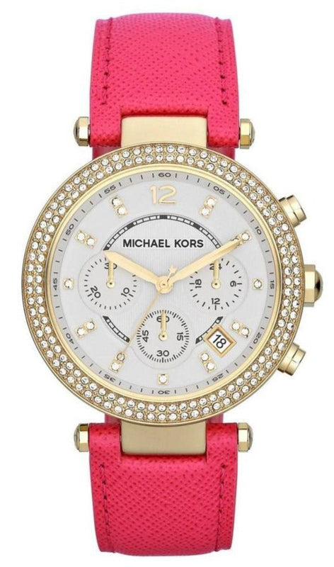 Michael Kors Parker Chronograph White Dial Pink Leather Strap Watch for Women - MK2297 Authentic Buy Shop Now