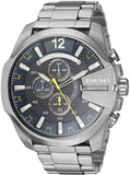 Diesel Mega Chief Chronograph Blue Dial Silver Steel Strap Watch For Men - DZ4465 Authentic Buy Shop Now