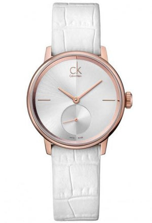Calvin Klein Accent Silver Dial White Leather Strap Watch for Women - K2Y236K6 Authentic Buy Shop Now