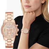 Michael Kors Ritz Chronograph Rose Gold Dial Rose Gold Steel Strap Watch For Women - MK7302 Authentic Buy Shop Now