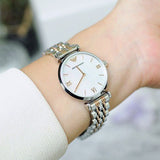 Emporio Armani Gianni T-Bar Mother of Pearl Dial Two Tone Steel Strap Watch For Women - AR1987 Authentic Buy Shop Now