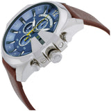 Diesel Mega Chief Chronograph Blue Dial Brown Leather Strap Watch For Men - DZ4281 Authentic Buy Shop Now