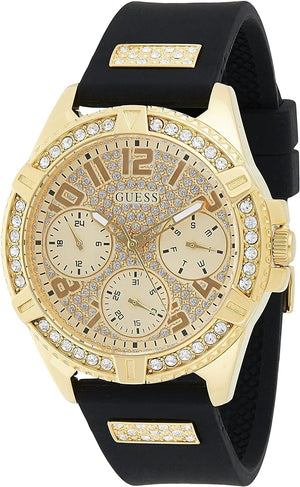 Guess Frontier Diamonds Gold Dial Black Rubber Strap Watch For Women - W1160L1 Authentic Buy Shop Now