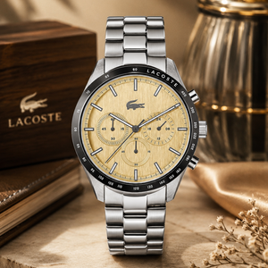 Lacoste Boston Chronograph Beige Dial Silver Steel Strap Watch for Men - 2011271 Authentic Buy Shop Now