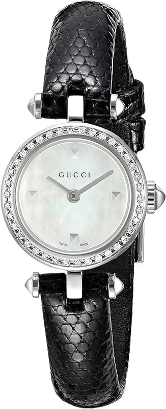 Gucci Diamantissima Diamonds Mother of Pearl Dial Black Leather Strap Watch For Women - YA141511 Authentic Buy Shop Now