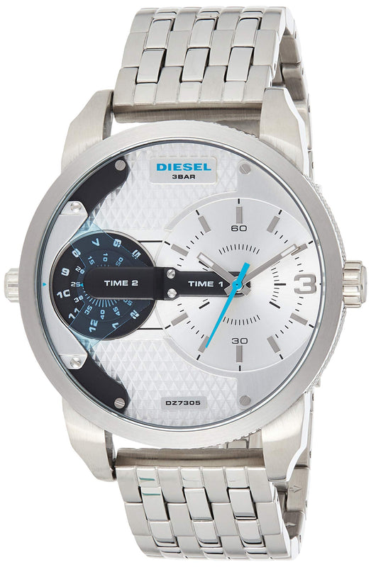 Diesel Mini Daddy Dual Time Silver Dial Stainless Steel Watch For Men - DZ7305 Authentic Buy Shop Now