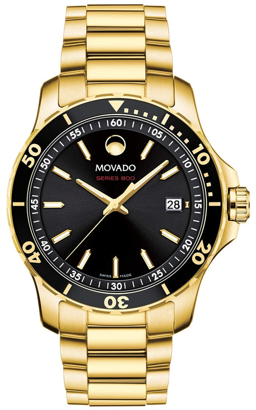 Movado Series 800 Black Dial Gold Steel Strap Watch For Men - 2600145 Authentic Buy Shop Now