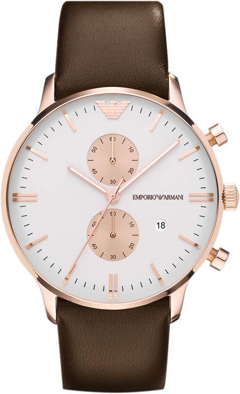 Emporio Armani Gianni Classic Chronograph White Dial Brown Leather Strap Watch For Men - AR0398 Authentic Buy Shop Now