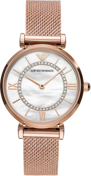 Emporio Armani Gianni T Bar Mother of Pearl Dial Rose Gold Mesh Bracelet Watch For Women - AR11320 Authentic Buy Shop Now