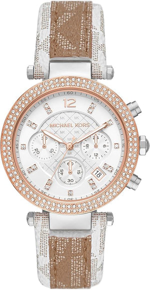 Michael Kors Parker Chronograph White Dial Two Tone Leather Strap Watch For Women - MK6950 Authentic Buy Shop Now