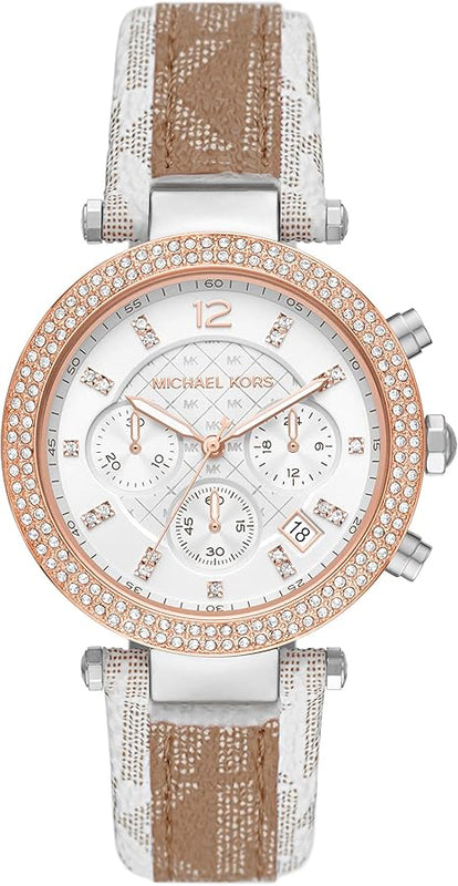 Michael Kors Parker Chronograph White Dial Two Tone Leather Strap Watch For Women - MK6950 Authentic Buy Shop Now