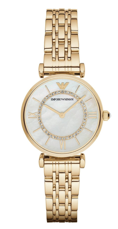 Emporio Armani Gianni T Bar White Mother of Pearl Dial Gold Steel Strap Watch For Women - AR1907 Authentic Buy Shop Now