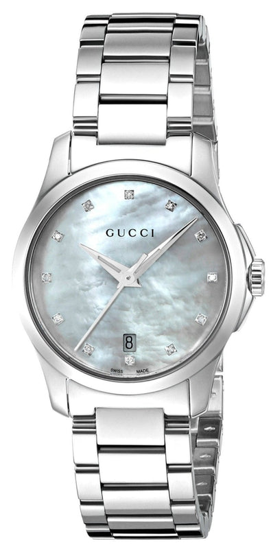 Gucci G Timeless Diamonds Mother of Pearl Dial Silver Steel Strap Watch For Women - YA126542 Authentic Buy Shop Now