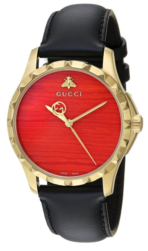 Gucci G Timeless Coral Red Dial Black Leather Strap Watch For Men - YA126464 Authentic Buy Shop Now